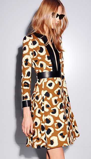 Gucci tobacco leopard painting printed crêpe cotton long sleeve chemisier dress with pleated skirt and black leather inserts $3,200